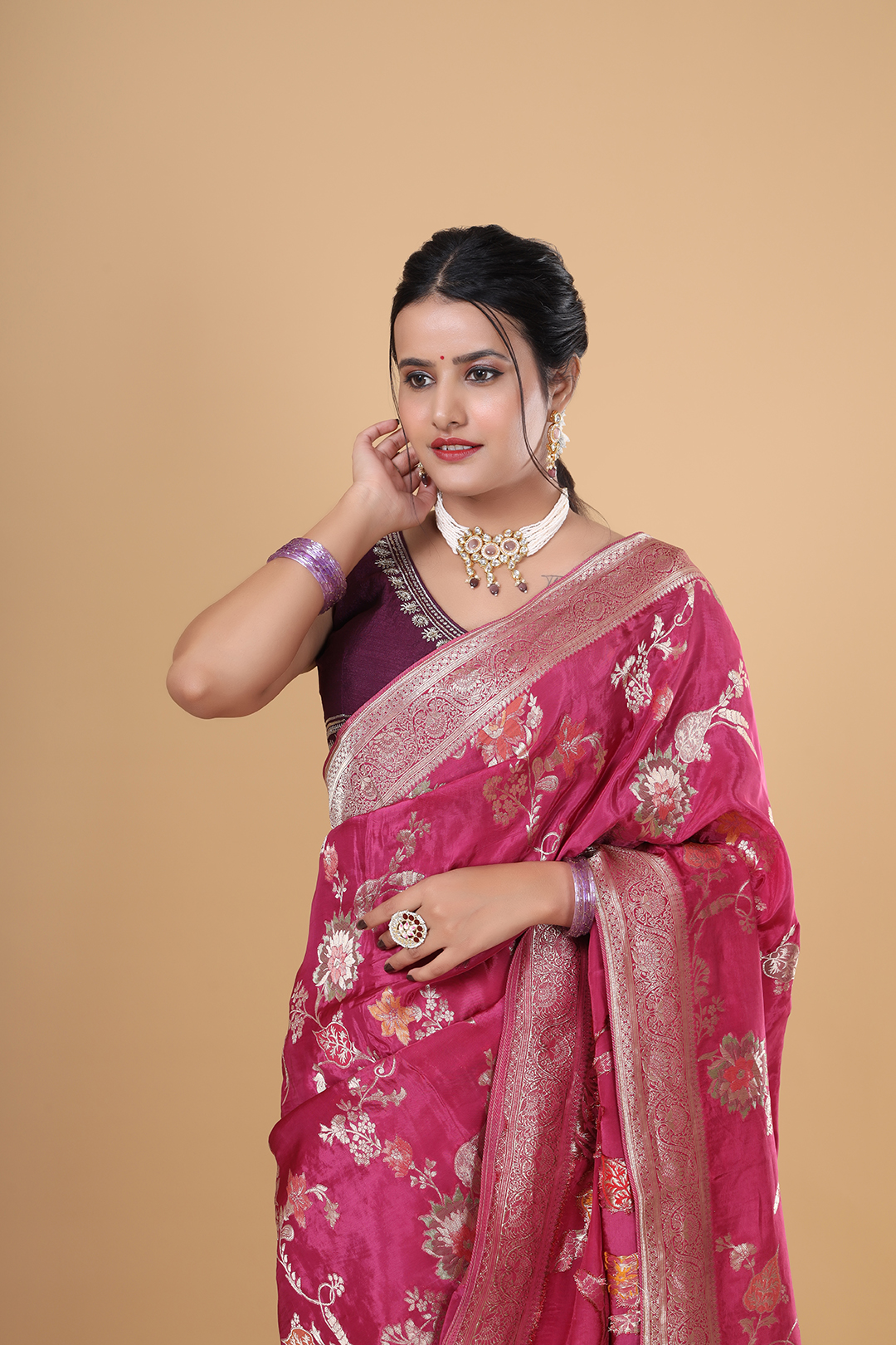 V Glame Solid Pink H.O Fabric Saree with Mina Zari Flower Motifs & Heavy Zari Border Pallu